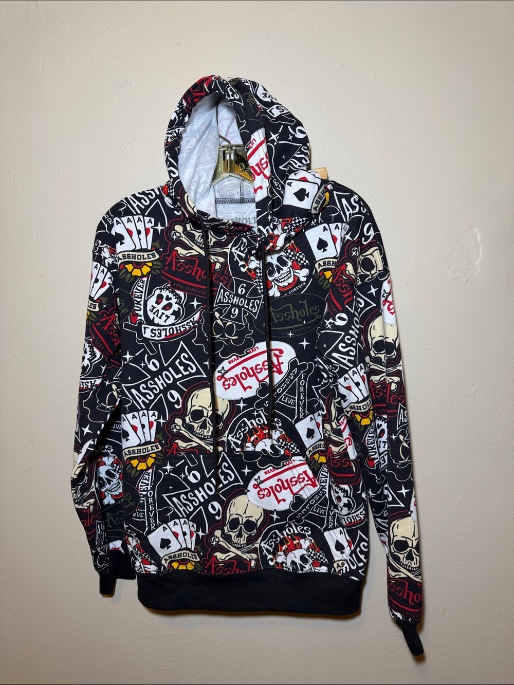 Black Graphic Zip-Up Hoodie Jacket with Skull & Card Print